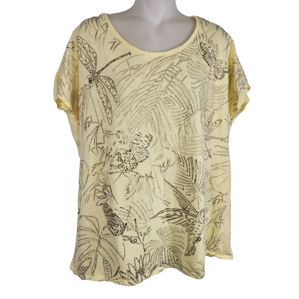 Chico's Zenergy Womens T Shirt Yellow Nature Graphic Dragonflies Tropical XL
